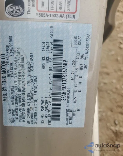 2007 Ford Fusion Se из США, поврежденный, VIN 3FAHP07137R167689